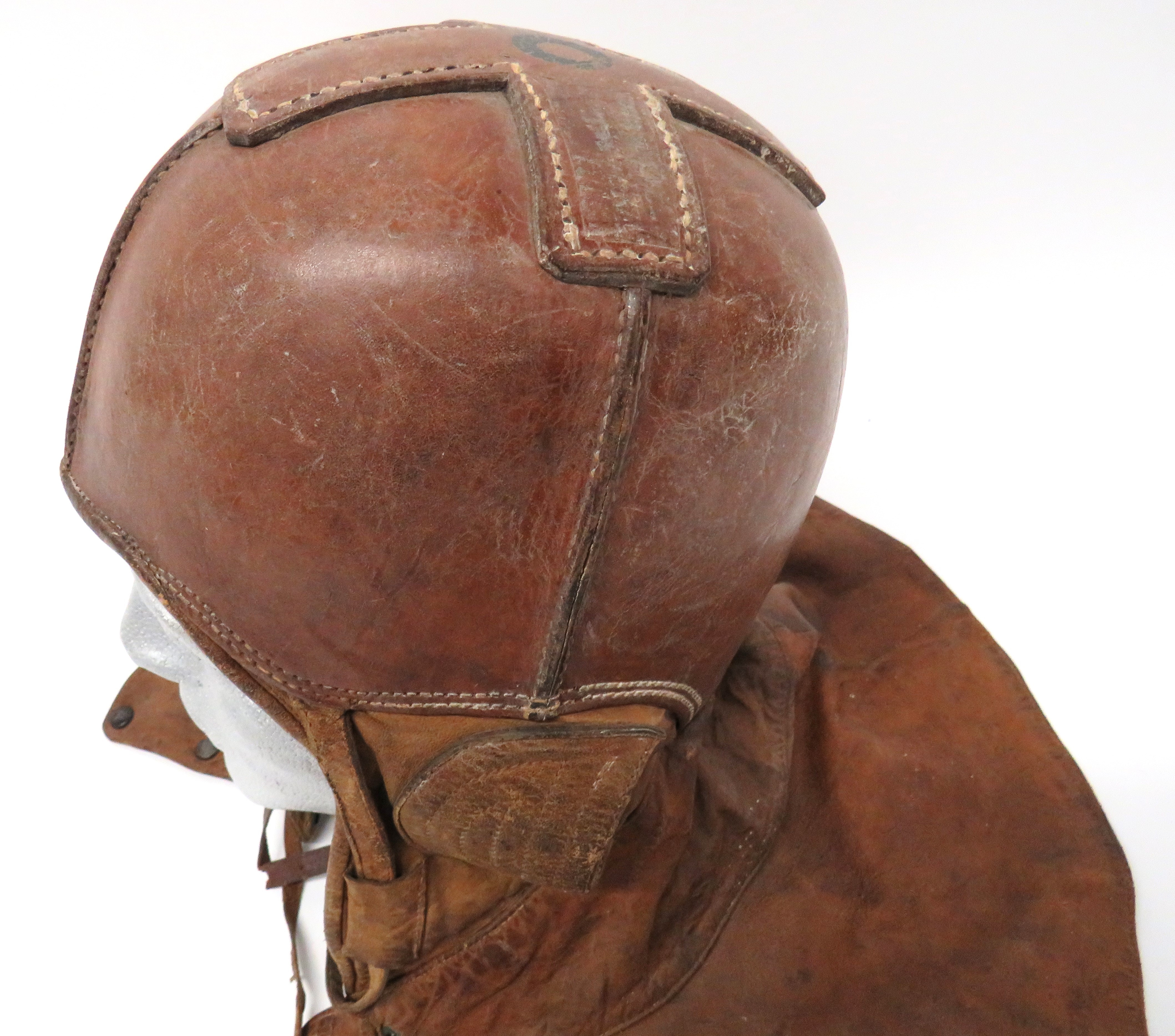 WW1 American Balloon Airship Protective Flying Helmet brown, hard leather, four panel crown.  Soft - Image 2 of 4