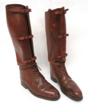 Pair Of WW1 Pattern Officer Boots brown leather, high top boots.  Ankles with lace fitting.  Upper