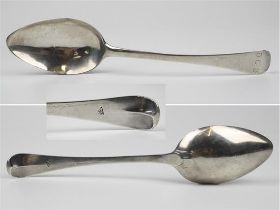 A late 18th century Channel Islands silver table spoon maker's mark GM struck once (unknown maker,