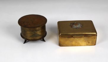 Trench Art - A Coldstream Guards brass cigarette box and a tobacco box of rectangular form, the
