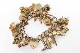 9ct yellow gold charm bracelet A 9ct yellow gold curb link bracelet with multiple charms,