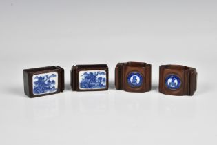 Two pairs of Chinese hardwood and porcelain bird feeders 18th / 19th century, one pair of shaped