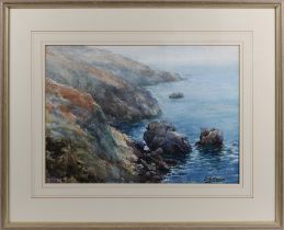 Arthur Basset Waller (British, 1882-1974) coastal cliff scene water colour, signed lower right 10¼ x