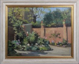 Haslewood (British, late 20th century) The Walled Garden, oil on hardboard, signed lower right "