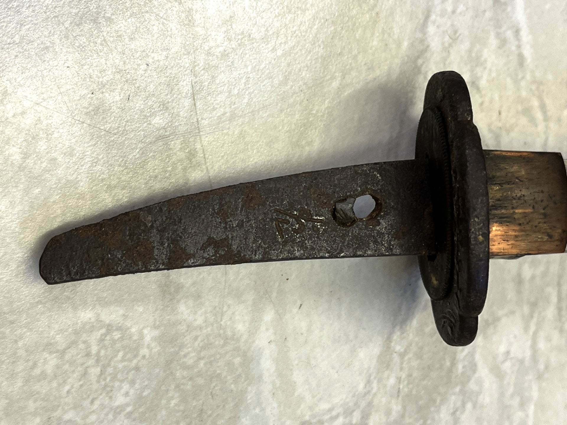 A Japanese Tanto short sword signed, 23cm. blade, copper Habaki, Bronze Tsuba, black braid bound - Image 2 of 6