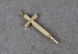 A 9ct gold novelty propelling pencil in the form of an engine turned cross pendant, no hallmarks,