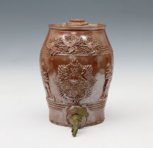 A 19th century salt glazed stoneware spirit / wine barrel applied with grape vine, Royal Coat of