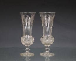 Pair of clear cut glass thistle glasses etched with thistle decoration 8½in. (22.9cm.) high. (2) *
