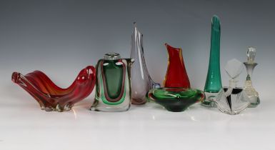 A collection of Murano and other glass vases and dishes etc to include a Seguso tri-coloured free