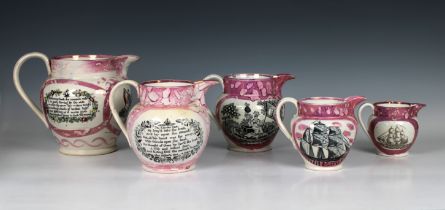 A collection of Sunderland Pink Lustre Jugs each painted and transfer printed, the largest measuring