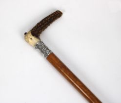 An antler horn Malacca riding crop with silver collar hallmarks indistinct, the collar with