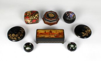 A collection of various boxes to include a Russian lacquered box of rectangular form, depicting a