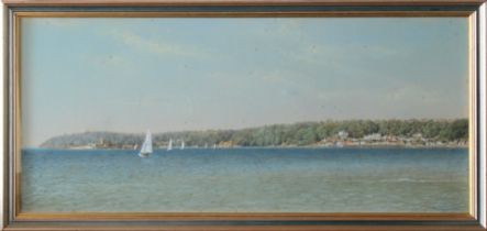 Peter Layton (British, 20th / 21st Century) Yachts off the Coast, pastel, framed 16½in x 42in. (42cm