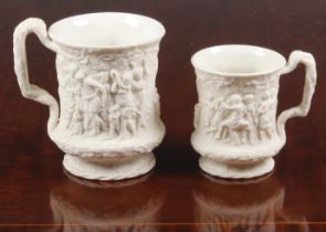 Charles Meigh - two white porcelain tankards with vine handle, 19th century, bisque glaze to