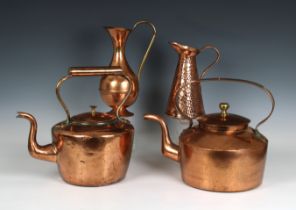 A group of four copperware items to include a Art Nouveau Joseph Sankey jug with reptile skin