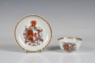 A Chinese armorial tea bowl and saucer c.1745, painted with the arms of Fearon impaling Eckford of