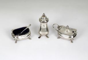 A three piece silver cruet set Elkington & Co Ltd, Birmingham, 1927, comprising a pepper pot, open