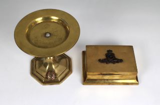 Trench Art - Royal Artillery box and pedestal dish box of rectangular form, the lid with applied