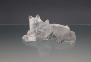 A Lalique model cat group 'Happy & Heggie lying together' no 1179800 with etched signature, 1995,