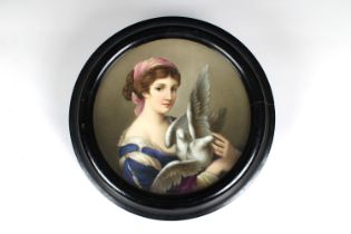 A 19th century Continental porcelain circular wall plaque painted with a girl in blue dress