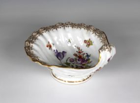 A Dresden porcelain scallop shell footed bowl gilded polychrome floral decoration, underglaze blue
