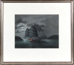 Chinese, late 19th century Chinese Junk by Moonlight, gouache on paper, unsigned, framed, 7 5/8 x