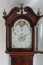 19th century mahogany longcase clock with painted dial and moon-phase, maker’s name heavily worn,