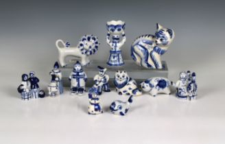 A small collection of vintage blue & white ornaments made in Russia to include Lion, Cat, Pig,