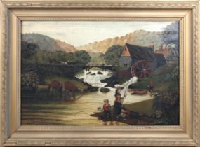 French Provincial School (20th Century) Naive landscape with figures fishing and cattle downstream