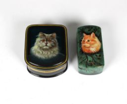 Two late 20th century Russian lacquered boxes (cats) each of rectangular form with rounded