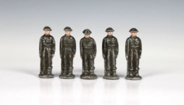 A collection of five (5) heavy lead soldiers first quarter 20th century, 2 7/8in. (7.5cm.) high. (