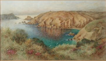 E.S. Cheeswright (1874-1977) Clifftop Coastal scene, with flowers and a rocky outcrop, watercolour