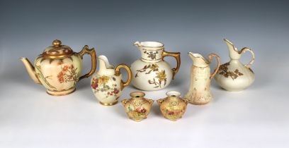 A collection of Victorian Royal Worcester blushed ivory porcelain comprising a teapot & cover of