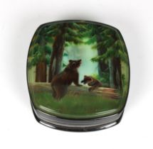 A mid to late 20th century Russian lacquered box of rounded oval form, the hinged cover showing a