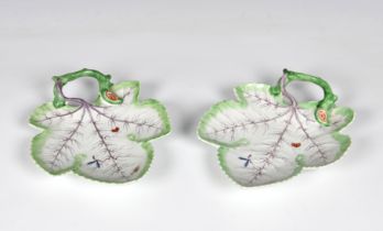 A pair of first period Worcester porcelain leaf dishes c.1760, of leaf shape with a naturalistically