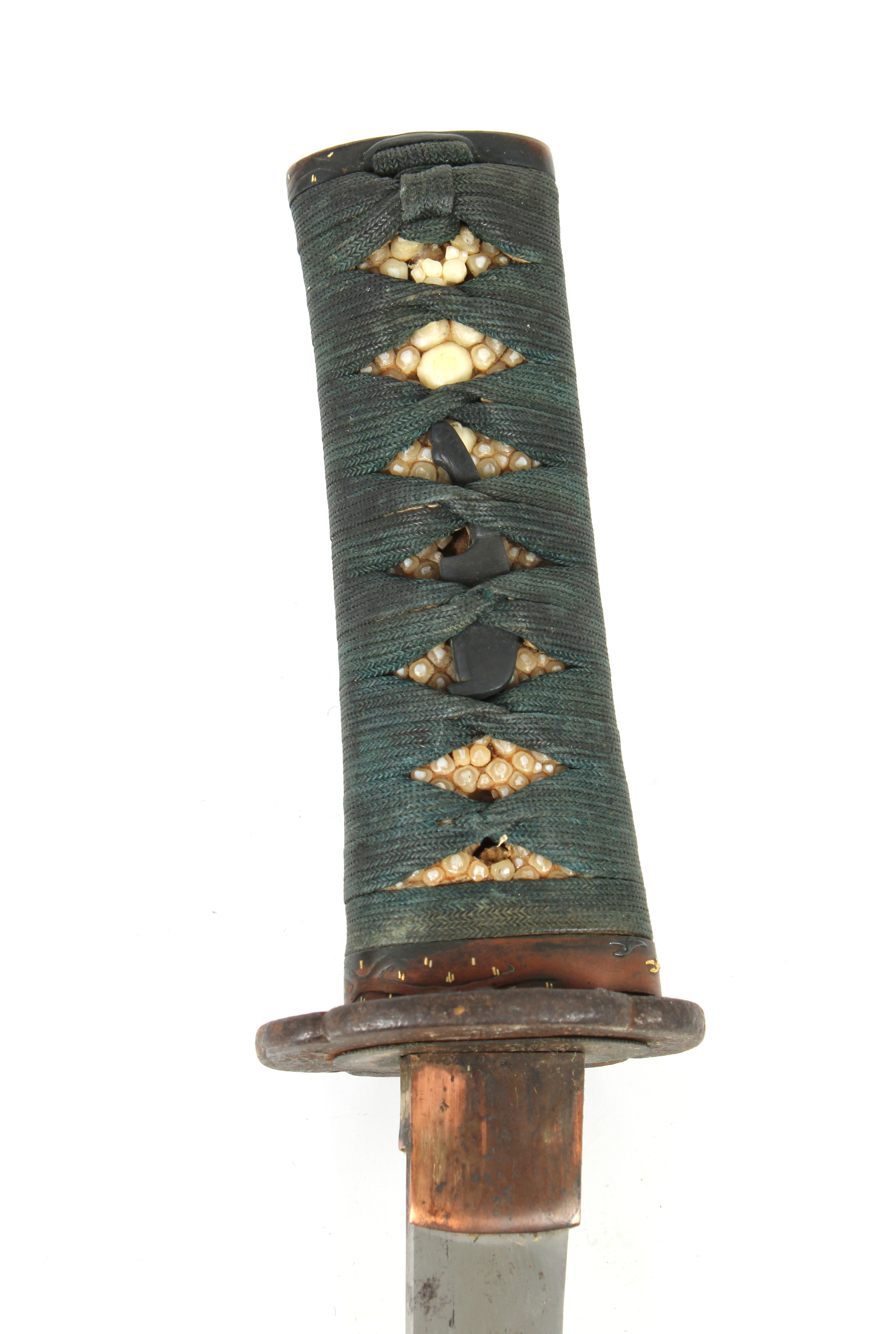 A Japanese Tanto short sword signed, 23cm. blade, copper Habaki, Bronze Tsuba, black braid bound - Image 5 of 6