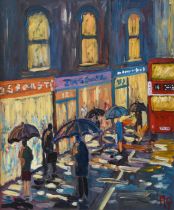 Michael Quirke (British, b.1946) 'Wet Evening', Shoppers on a rain swept London street, oil on