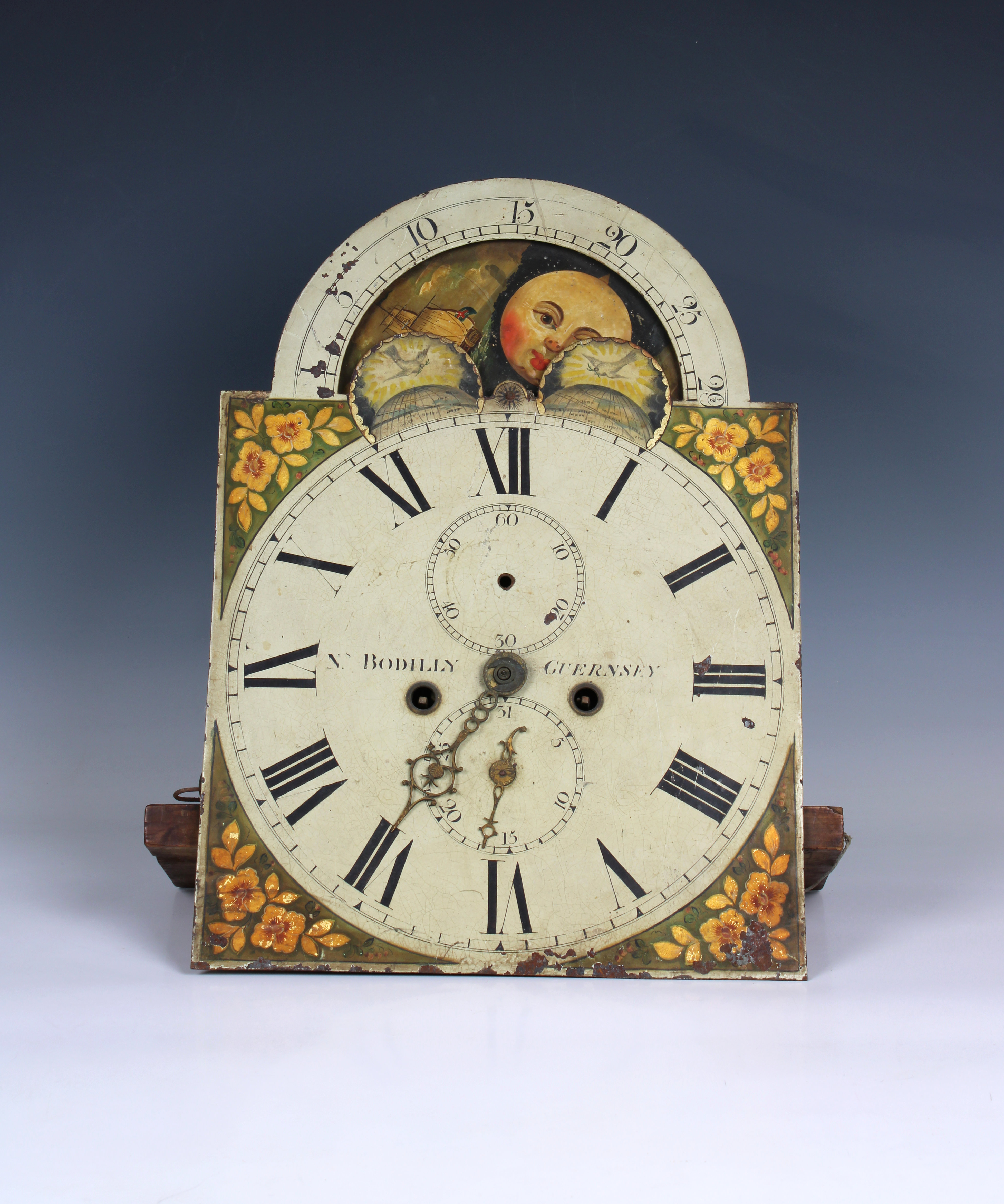 A N Bodilly moon dial Guernsey hand painted longcase clock face for restoration some workings, no
