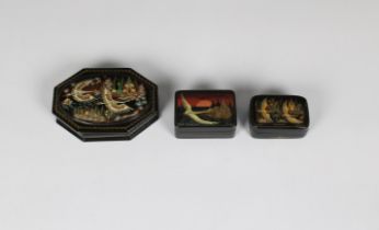 Three mid to late 20th century Russian lacquered boxes each having hinged covers, depicting geese