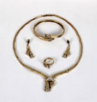 A 14ct yellow gold Greek key design and clear stone suite of jewellery comprising a necklace, a