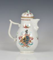A fine Chinese armorial coffee pot and cover c.1755, painted to both sides with the arms of Poley