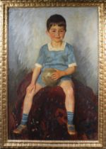 Richard Scholz (German, 1860-1939) Full length portrait of Ernest Lindsay, seated, holding a ball,