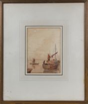 John Le Capelain (Jersey, 1812-1848) Fishing boats in a calm by a jetty, watercolour, unsigned,