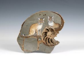 Jan Smith - hand painted fossil art A large ammonite nodule, hand painted with Serval cats, signed