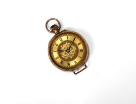 A Ladies 9ct. gold open faced pocket watch foliate engraving to face and back, the back with central