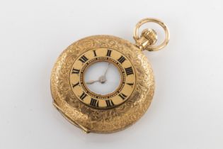 A 14ct yellow gold pocket watch The 14ct yellow gold case engraved with floral decoration, the white