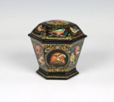 A mid to late 20th century Russian lacquered canister box of hexagonal form, exquisitely detailed to