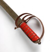 A 20th Century cavalry sword stamped 'made in India', with red leather scabbard, blade measures