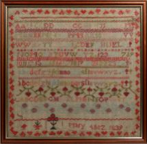 A Channel Islands mid-19th century alphabet needlework sampler Mary Allez 1839, traditional first
