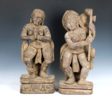 Two large wooden floor standing Chinese / Burmese temple style figures carved dancing and playing